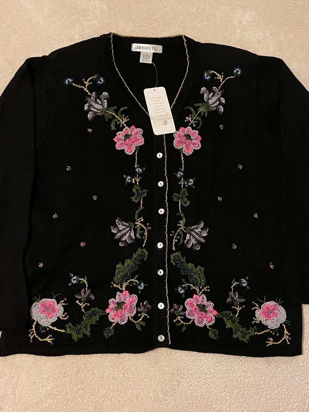 Vintage Arriviste Black Beaded Embroidered Floral Cardigan
Sweater NWT Size XL